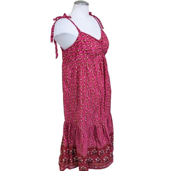 C C California Maxi Dress Sundress Large Smocked Tiered Cotton Pink Red Floral - Picture 2 of 9